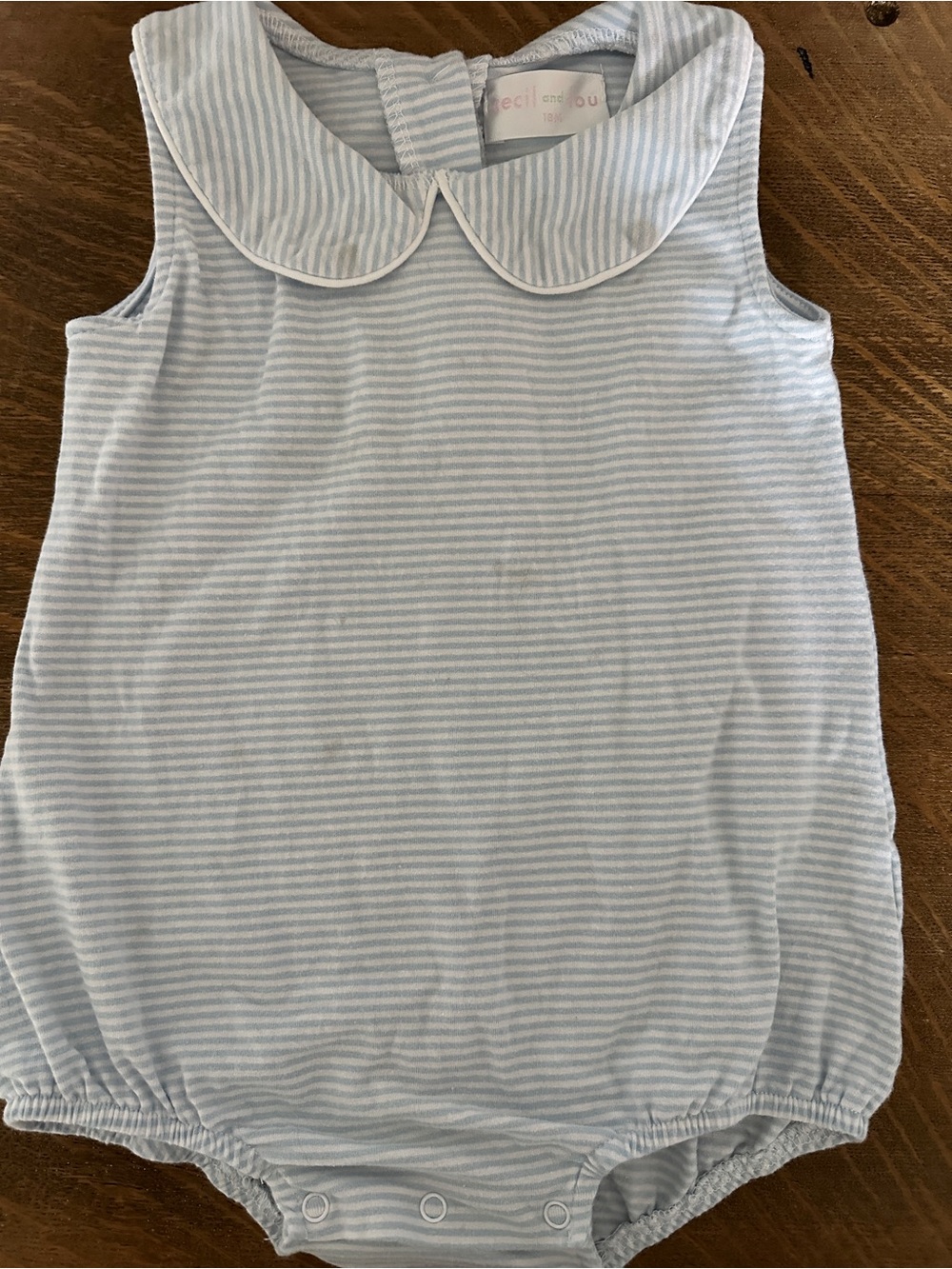 Cecil and Lou Light Blue Striped Baby Bubble Romper with Peter Pan Collar